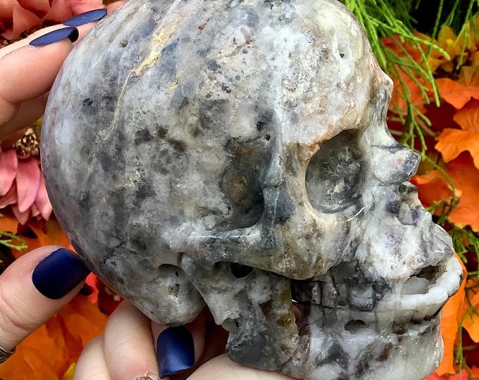 Fluorite Crystal Skull ~ Large 2 Lb. 12 oz. ~ 5" Long ~ Hand Carved ~ Purple, Red Grey & Black Colors Natural Sculpture