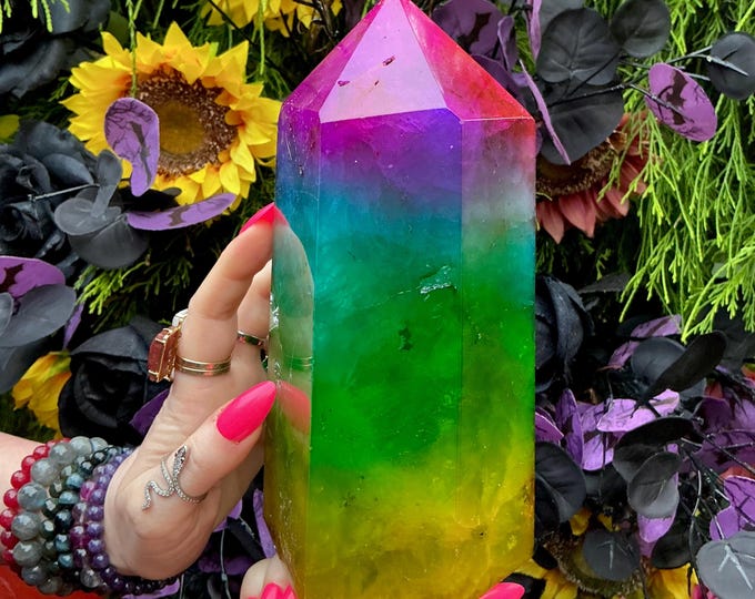 Rainbow Aura Fluorite Crystal Generator Tower: 6 lb, 7.5" Tall