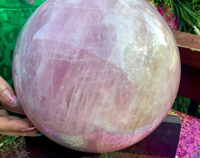 Rose Quartz Crystal Ball ~ Large 29 lb. ~ 8" Wide Sparkling Pink Sphere ~ Custom Wooden Display Stand ~ Fast & Free Shipping, USA ~
