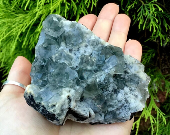 Blue Cubic Fluorite Crystal Cluster ~ Large 8.5 oz. ~ 3" Long ~ Sparkling Mineral Matrix ~ Fast & Free Shipping, USA + Global Shipping ~
