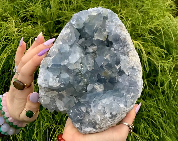 Blue Celestite Crystal Cluster ~ Large 8 Lb. 8 oz.  ~ 8" Long ~ Beautiful Stunning Altar, Reiki Display - Sparkling Deep Baby Blue Crystals