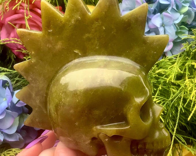 Jade Punk Rock Crystal Skull ~ 1 Lb. 6 oz. ~ 5" Long ~ Swirling Greens with Colorful Patterns Throughout ~ Hand-Carved Display Sculpture