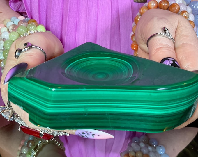 Malachite Crystal Bowl ~ 15 oz. ~ 4" Long ~ Vintage Charging Dish ~ Green Mineral Specimen ~ Swirling Bulls Eye Patterns