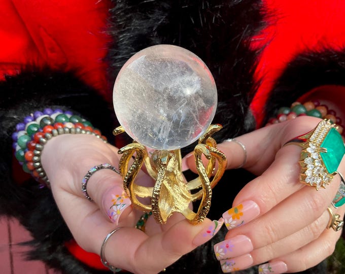 Clear Quartz Crystal Ball ~ 3 oz.  Sphere ~ 1 1/2" Wide ~Gold Octopus Display Stand ~ Reiki, Altar Feng Shui ~ Fast & Free Shipping