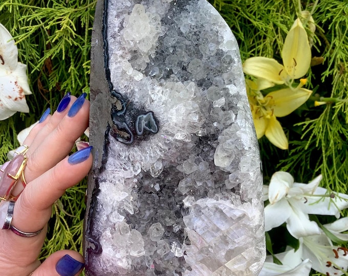 CLEARANCE! ~ Amethyst Crystal Cluster ~ Large 4 lb. 15 oz. ~ 7" Tall ~ Clear Calcite Inclusion ~ Fast & Free Shipping
