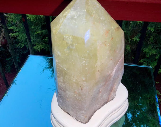Clear Citrine Quartz Crystal Point ~ 5 Lb.  9 oz. ~ 7" Tall~ Sparkling Yellow with Golden Rainbow Inclusions ~ Custom Hand Carved Stand
