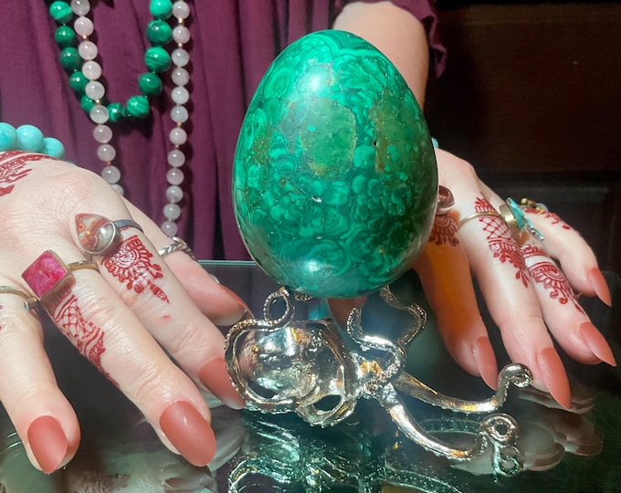 Malachite Egg Large 1 Lb. with Stand ~3" Tall ~ Hand Carved from Congo Africa ~ Swirling Bull's Eyes Patterns