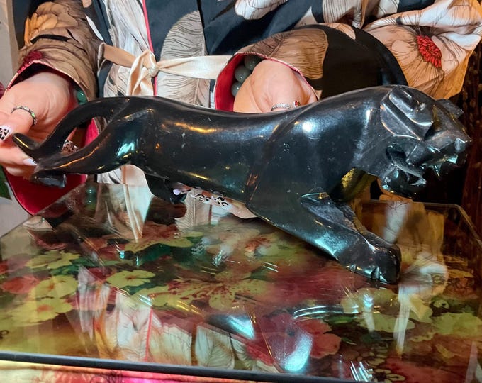 Black Tourmaline Panther Large 3 Lb. 15 oz. ~ 15" Long ~ Hand Carved Museum Quality ~ Glossy Black Color ~ Vintage Display Animal Totem