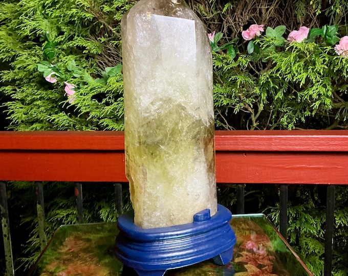 Clear Citrine Quartz Crystal Point ~ 9 Lb. 2 oz. ~ 10" Tall~ Sparkling Yellow with Golden Rainbow Inclusions ~ Custom Hand Carved Stand