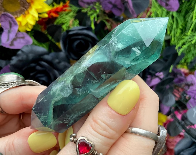 Rainbow Fluorite Double Terminated Wand ~ Large 4 oz. ~ 4" Long ~ Clear, Green, Purple ~ Fast & Free Shipping, USA + Global Shipping