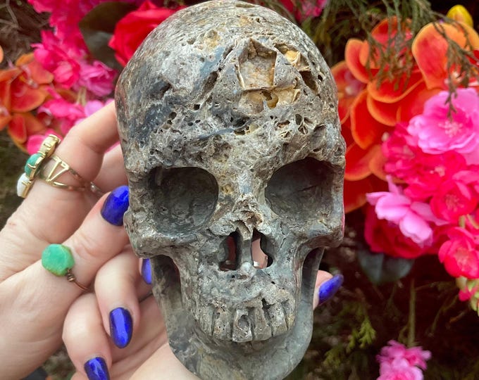 Fossilized Jasper Crystal Skull ~ Large 2 Lb. 7 oz ~ 5" Long ~ Hand Carved Sculpture ~ Swirling Purple, Gray & Black Colors ~ Fast Shipping