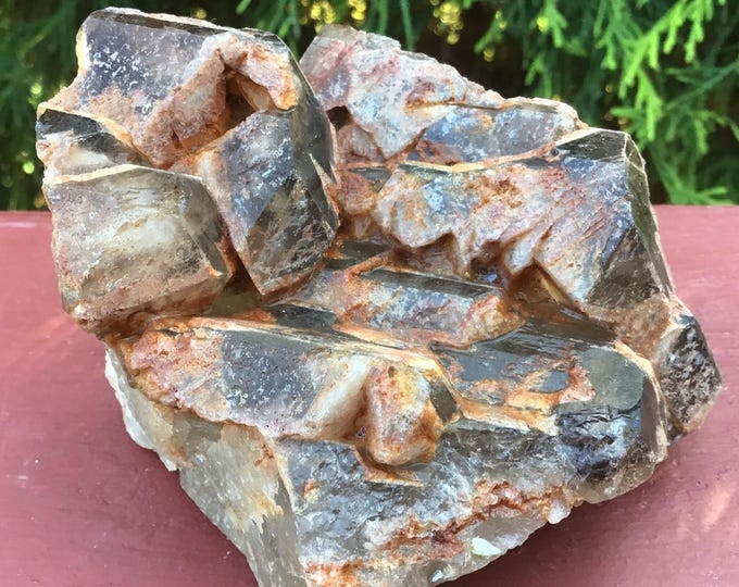 CLEARANCE ~ Skeletal Smokey Quartz Crystal Cluster ~ Large 9.5 oz. ~ 5" Long ~ Ancient Red Sand Inclusions