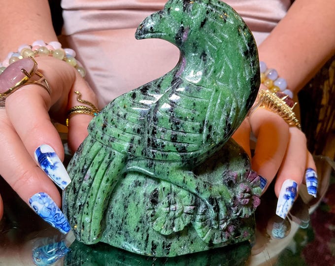 Ruby Zoisite Crystal Bird ~ 1 Lb. 2 oz. Animal Totem ~ 4 1/2" Tall ~ Sparkling Green & Red Colors ~ Expertly Hand-Carved Display Sculpture