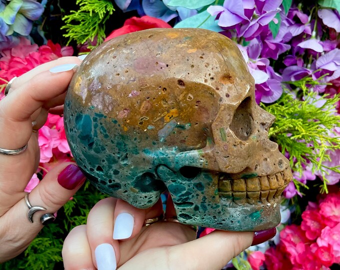 Ocean Jasper Crystal Skull ~ Large 2 Lb. 10 oz. ~ 5" Long ~ High Quality ~ Expertly Hand-Carved Sculpture Vivid Colors ~ Fast Shipping