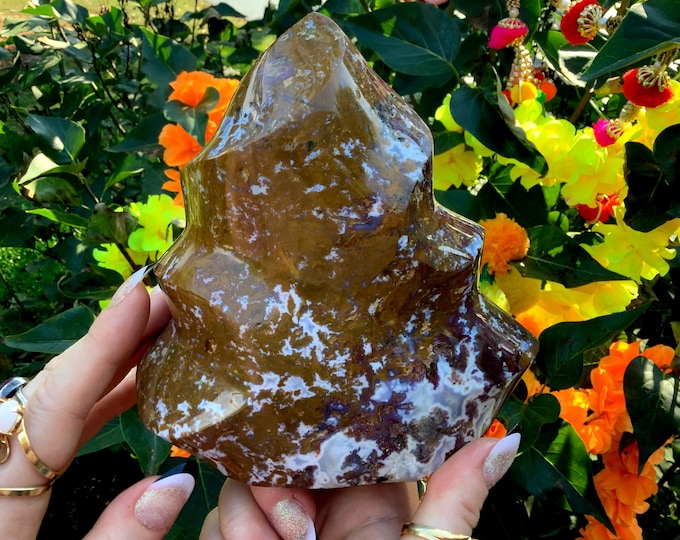 Golden Jasper Crystal Flame ~ Large 3 Lb. ~ 6" Tall ~ Colorful Red, Gold, Green Polished Display ~ Reiki, Altar, Metaphysical Home Decor ~