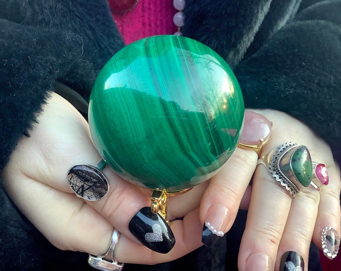 Malachite Crystal Ball ~ Large 1 Lb 4 oz. ~ 2 1/2" Wide ~ W/ Ornate Stand ~ Stunning Green Patterns, Home Decor ~ Fast & Free Shipping, USA