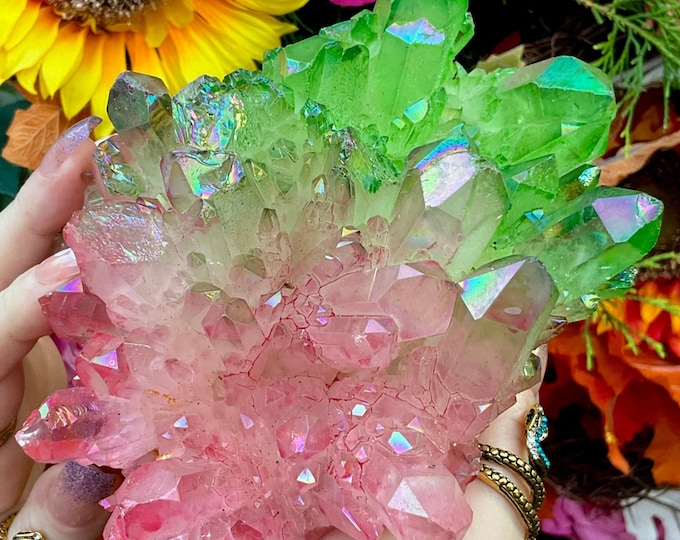 Pink & Green Aura Quartz Crystal Cluster ~ Large 2 Lb. 4 oz. ~ 6" Long ~ Electric Rainbow Iridescent Sparkling Points