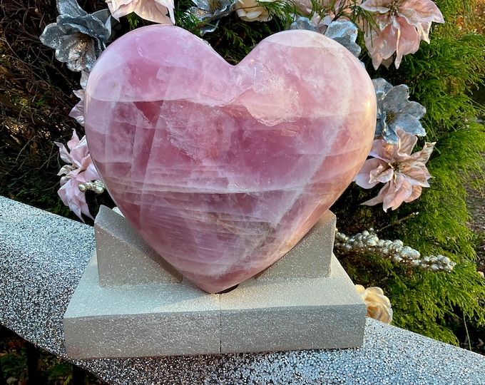 Rose Quartz Crystal Heart ~ Large 24 Lb. ~ 10" Wide Free Standing Custom Display Stand ~ Love Stone ~ Reiki ~ Translucent Pink Colors