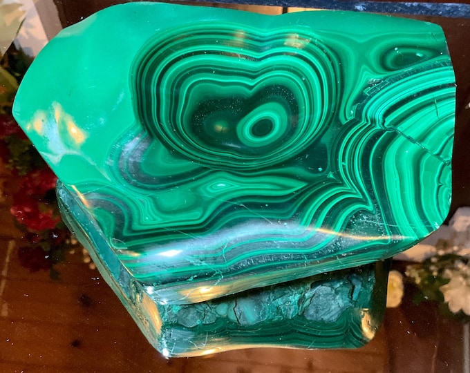 Malachite Crystal Bowl ~ 5 Lb. 13 oz. - 7" Long ~ Vintage Green Mineral Specimen ~ Swirling Bulls Eye Patterns, from Congo, Africa