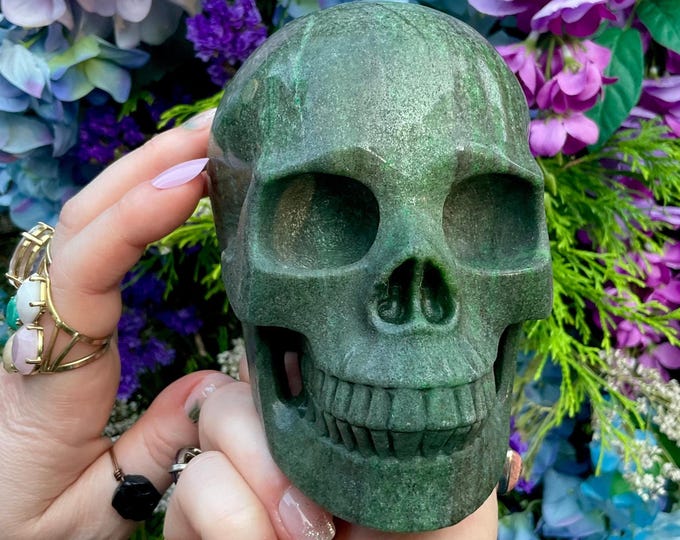 Tsavorite Green Garnet Crystal Skull ~ Large 2 Lb 15 oz ~ 5" Long ~ Sparkling Green & Black Inclusions~ Expertly Hand Carved ~ Fast Shipping