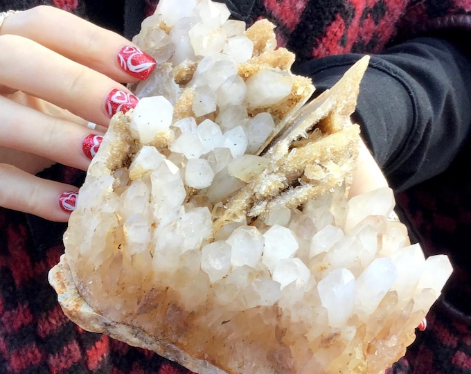 Quartz and Golden Calcite Crystal Cluster ~ Large 3 Lb. 4 oz.  ~ 6" Long ~ Big Sparkling White Phantom Clear Points ~ Fast & Free Shipping