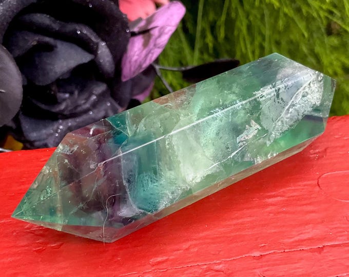Rainbow Fluorite Double Terminated Wand ~ Large 4.8 oz. ~ 4" Long ~ Clear, Green, Purple