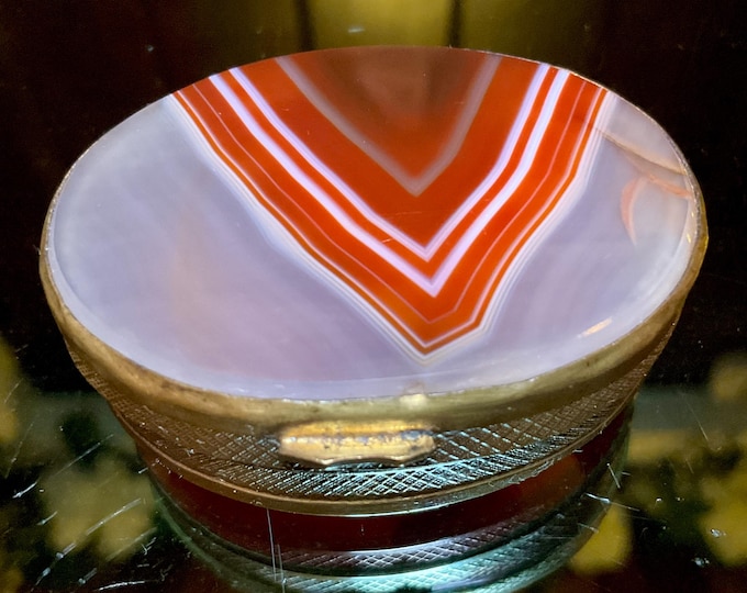 Banded Agate Carnelian Double Sided Pill Box / Snuff Box France 1880's ~ 2" Long ~ Beautiful Color, Luminosity, And Transparency