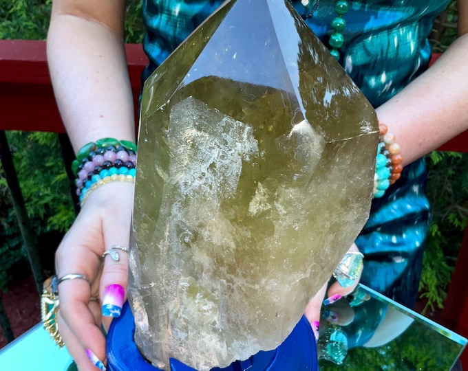 Clear Citrine Quartz Crystal Point ~ 7 Lb.  7 oz. ~ 9" Tall~ Sparkling Yellow with Golden Rainbow Inclusions ~ Custom Hand Carved Stand