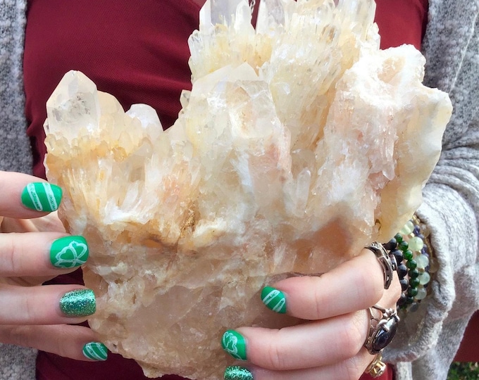 Elestial Crystal Quartz Golden Healer Cluster ~ Large 3 Lb. 6 oz. ~ 7" Long ~ Big Sparkling Points ~ Rare Meditation Display