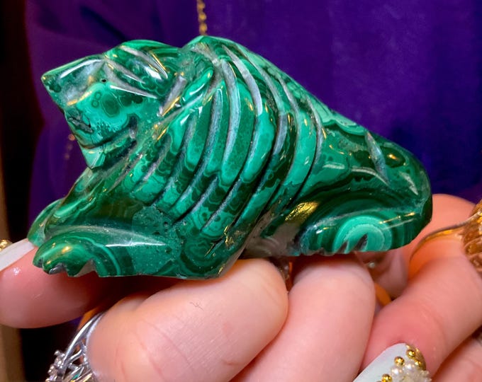 Malachite Crystal Lion ~ 6 oz. ~ 3" Long ~ Vintage Carving~ Polished and Hand Carved in Congo, Africa