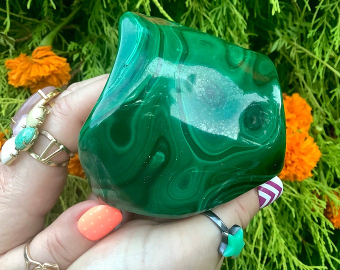 Malachite Freeform Crystal ~ Large 1 Lb. 6 oz. ~ 4" Long ~ Swirling Bullseye Patterns ~ Beautiful Polished Green Stone ~ Congo, Africa