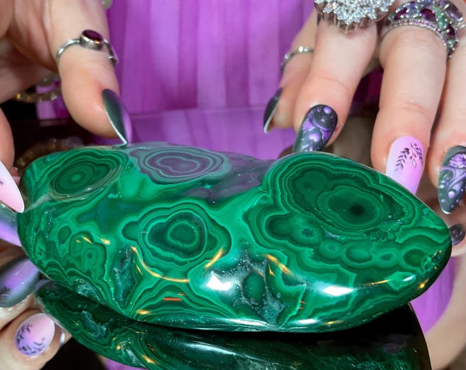 Malachite Freeform Crystal ~ Large 12 oz. ~ 4" Long ~ Beautiful Polished Green Mineral Specimen Display ~ Swirling Bullseye Patterns