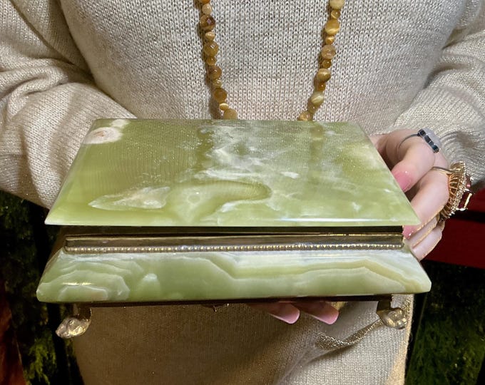Afghan Jade Jewelry Box with Hinged Lid ~7" Long ~ Vintage Hand Carved Display Charging Box ~ Swirling Green, White & Golden Pattern