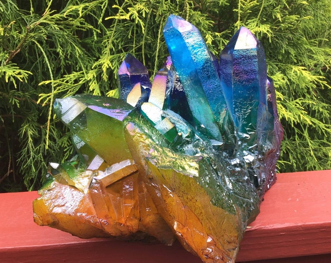 Rainbow Aura Quartz Crystal Cluster ~ Large 15 Lb. ~ 10" Long ~ Massive ~ Vivid Colors ~ Red, Blue, Green ~ Big Centerpiece ~ Fast Shipping