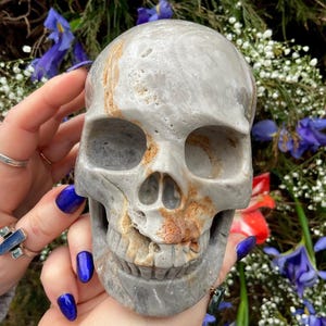 Fluorite Crystal Skull ~ Large 2 Lb. 10 oz. ~ 5&quot; Tall ~ Hand Carved Sculpture ~ Purple, Gold, Gray Rainbow Colors ~ Metaphysical Home Decor