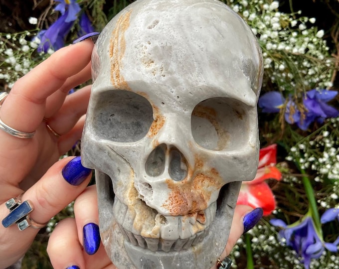 Fluorite Crystal Skull ~ Large 2 Lb. 10 oz. ~ 5" Tall ~ Hand Carved Sculpture ~ Purple, Gold, Gray Rainbow Colors ~ Metaphysical Home Decor