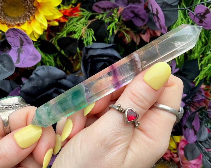 Rainbow Fluorite Double Terminated Wand ~ Large 2 oz. ~ 5" Long ~ Clear, Green, Purple ~ Fast & Free Shipping, USA + Global Shipping