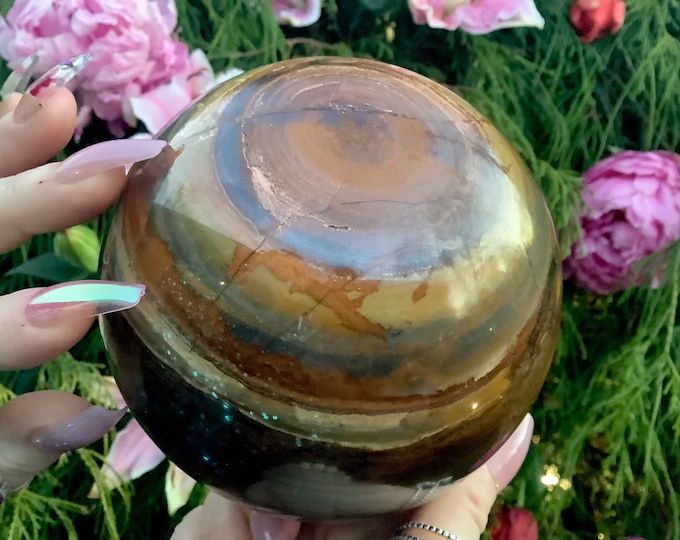 Tigers Eye Crystal Ball ~ 5 Lb. 2 oz. ~ 4" Wide Sphere ~ Sparkling Polished Swirling Golden-Red-Brown Black Colors ~ W/ Brass Display Stand