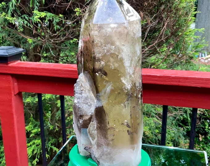 Clear Citrine Quartz Crystal Point ~ 11 Lb. 5 oz. ~ 12" Tall~ Sparkling Yellow with Golden Rainbow Inclusions ~ Custom Hand Carved Stand