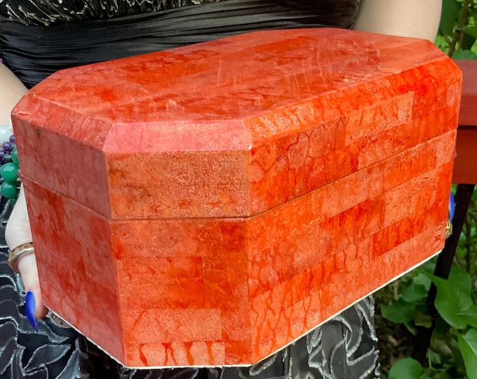 Vintage Orange Sponge Coral Jewelry Box ~ Large 2 Lb. 8 oz. ~ 9 1/2 inches long ~ Mosaic Style, Handcrafted in Italy ~ Fast & Free Shipping