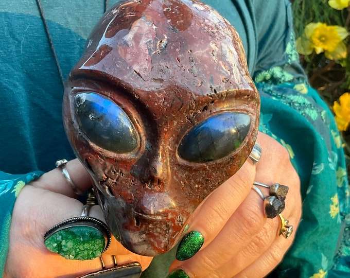 Red Ocean Jasper Crystal Alien Skull ~ Large 2 Lb. 11 oz. ~ 4" Long ~ w Labradorite Eyes ~ One-of-a-Kind Colors ~ Hand Crafted Sculpture