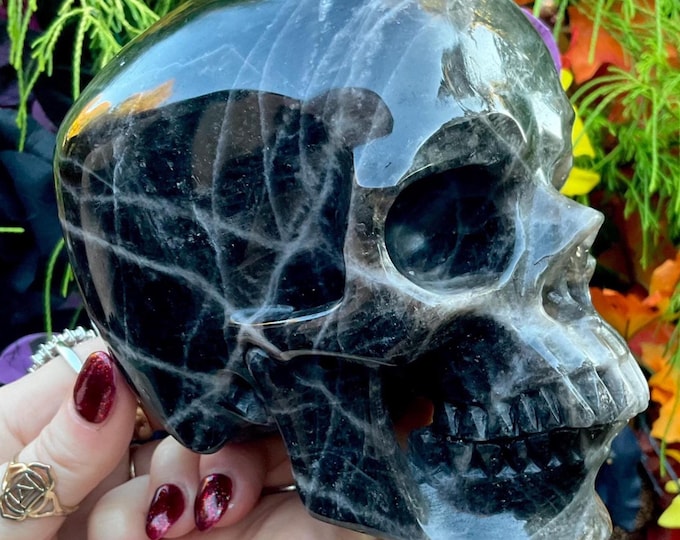 Black Quartz Crystal Skull ~ Large 4 Lb. 10 oz. ~ 6" Long ~ High Quality ~ Hand Carved Life Size Sculpture ~ Sparkling Black w/ White Lines