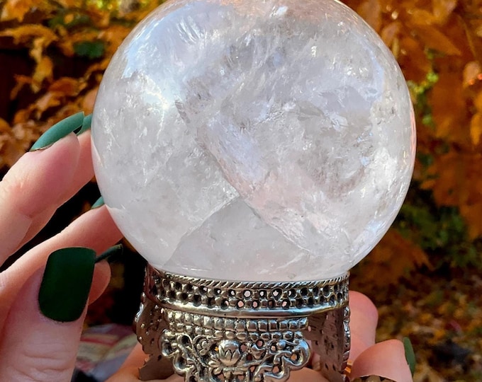 Clear Quartz Crystal Ball w/ Ornate Brass Display Stand ~ 2 Lb. 3 oz. ~ 3 1/2" Wide ~ Reiki, Altar, Meditation, Metaphysical Home Decor