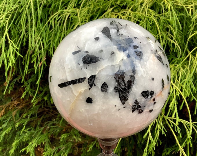 Black Tourmaline in Snow Quartz Crystal Ball ~ Large 4 lb. 6 oz. ~ 5" Wide ~ Polished Quartz Sphere ~ Swirling Tourmaline Inclusions ~
