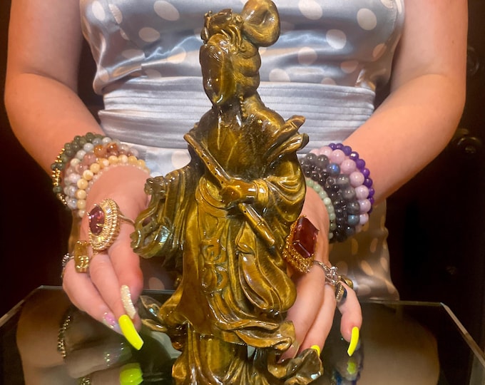 Tigers Eye Quan Yin Crystal ~ 8" Tall ~ Vintage Hand Carved Sculpture from South Africa ~ Sparkling Red Gold & Black Colors
