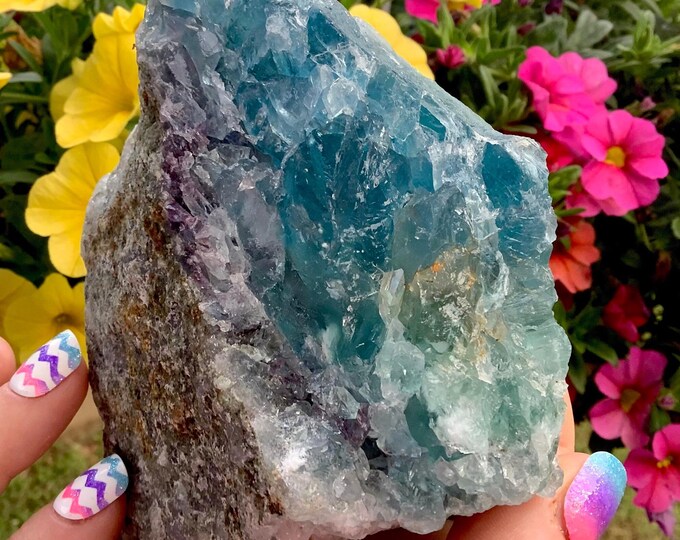 Blue Fluorite Crystal Cluster ~ Large 1 lb. 10 oz. ~ 4" Long ~ Ocean Blue & Clear Color~ Fast and Free Shipping, USA + Global Shipping ~
