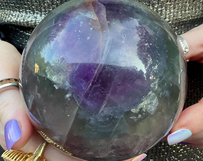 Purple Fluorite Crystal Ball ~ Large 3 Lb. 3 oz. ~ 3" Wide ~ Rainbow Color Sphere ~ Sparkling Silver Flash Inclusions ~ Fast & Free Shipping