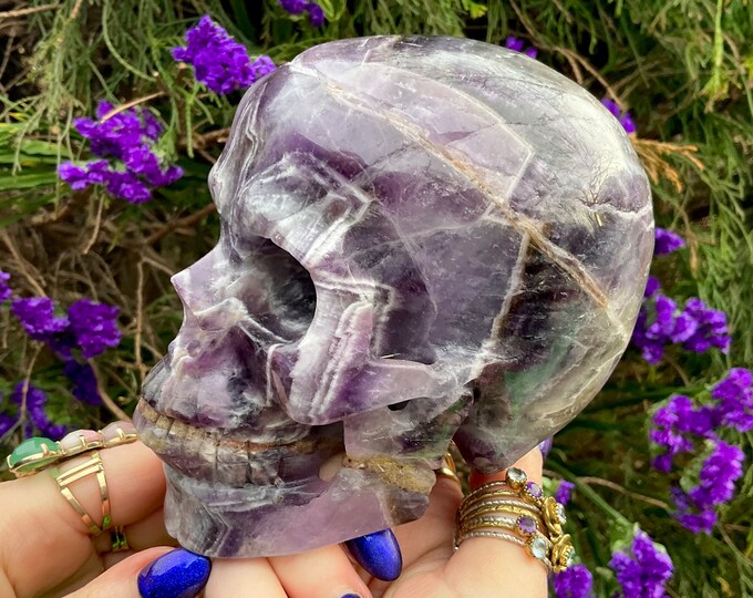 Amethyst Crystal Skull ~ Large 2 Lb. 15 oz. ~ 5" Long ~ Beautifully Hand Carved ~ Sparkling Purple & White Colors ~ Crystal Sculpture