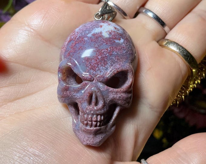Ocean Agate Crystal Skull Pendant Necklace ~ 2" Long ~ Red, Blue & White Colors~ Fast Free Shipping, U.S.A. + Global Shipping