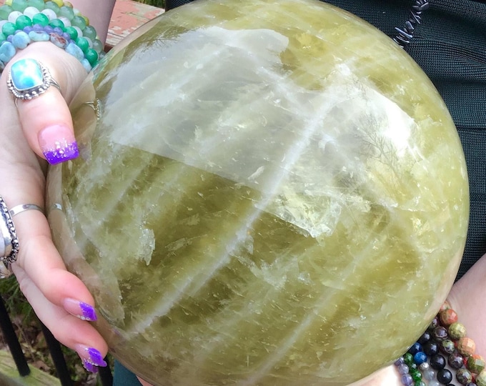 Citrine Crystal Ball ~ Large 27 Lb. ~ 8" Wide Polished Sphere ~ Sparkling Smokey Inclusions ~ White Quartz Bands ~ Fast & Free Shipping